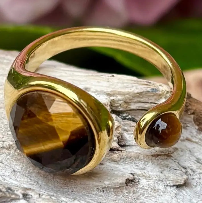 18ct Gold Plated Tiger's Eye Open Top Ring