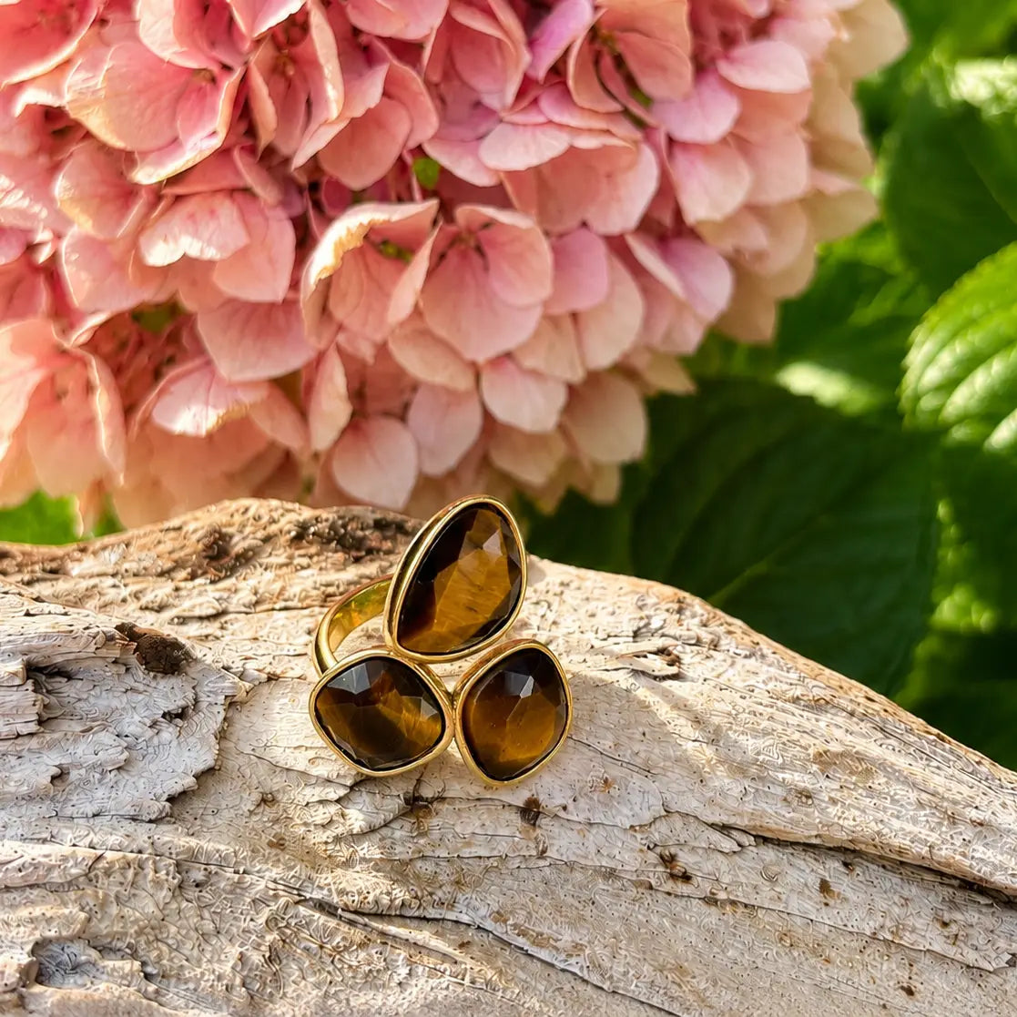 18ct Gold Plated Three Stone Tiger's Eye Ring