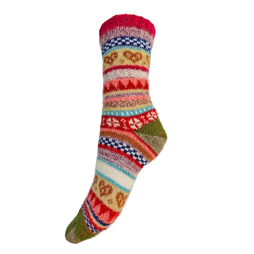 GemJar Multi-Coloured Dark Red Cuff, Scandi Patterned Socks, size UK 4-7