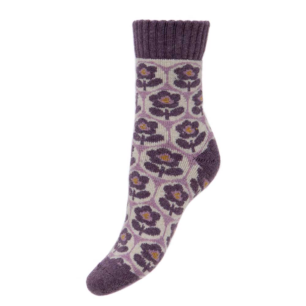 Gemjar Thick Cream and Purple Wool Blend Socks with Flowers