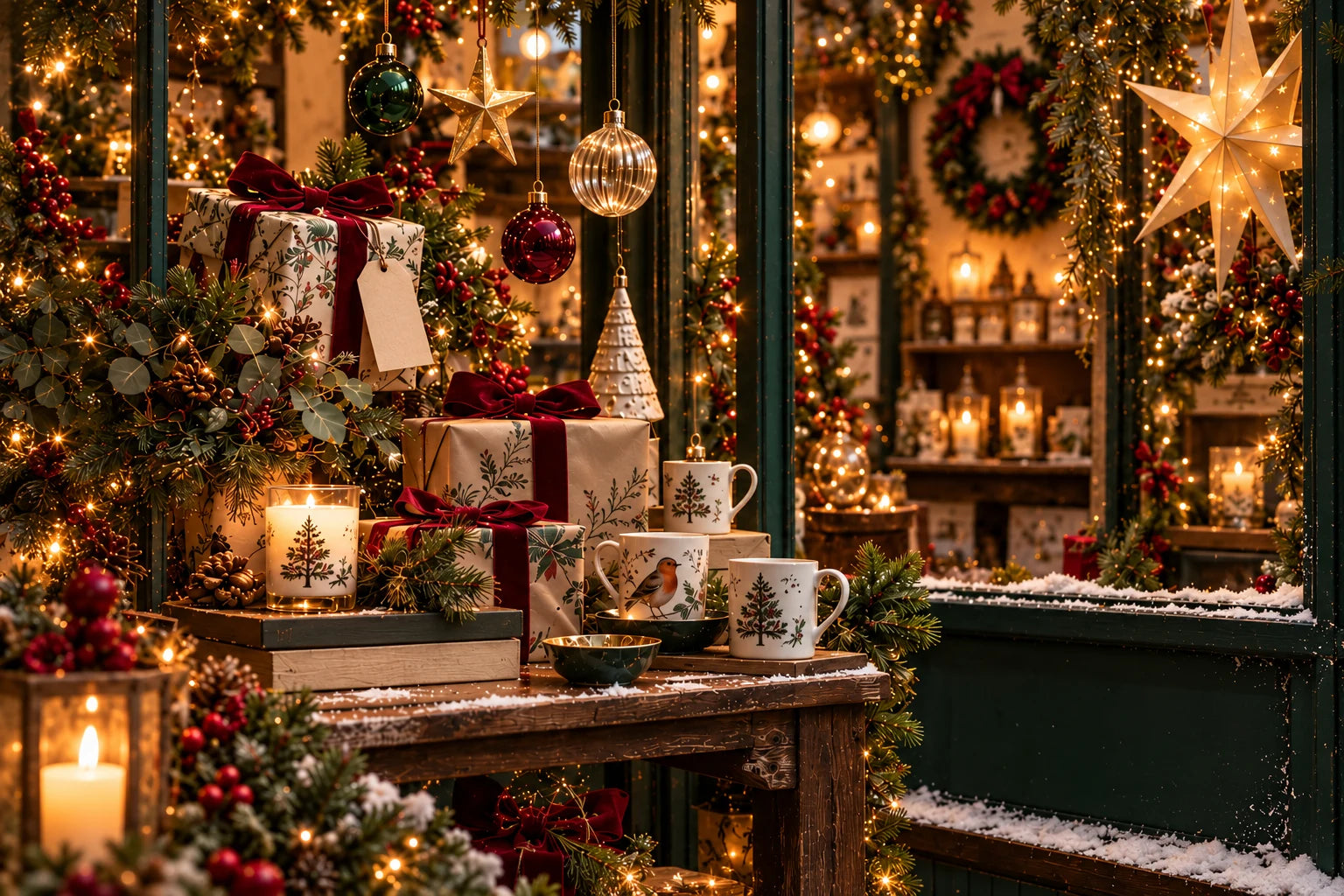 A warmly lit Christmas shop window with wrapped gifts, festive mugs and hanging gold stars.