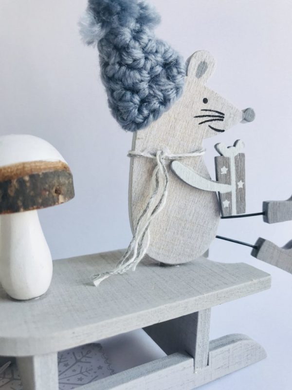 Christmas Mouse & Sledge Decoration, Grey